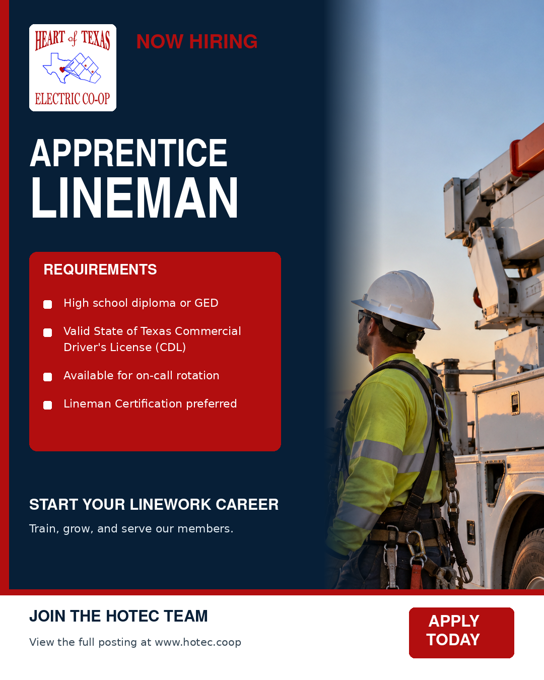 Poster for apprentice lineman job's requirements.